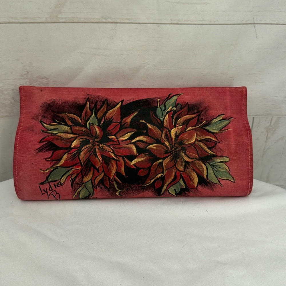 Vintage Clutch Clamshell Evening Bag Hand Painted by Lydia B Poinsettia Flowers
